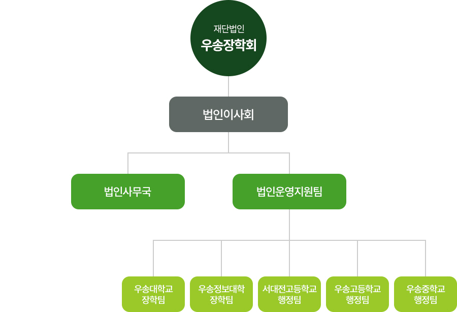 재단법인 우송장학회 산하에 법인이사회가 있고 법인이사회 산하에 법인사무국, 법인운영지원팀이 있습니다. 법인운영지원팀 밑으로는 우송대학교 장학팀, 우송정보대학 장학팀, 서대전고등학교 행정팀, 우송고등학교 행정팀, 우송중학교 행정팀이 있습니다.